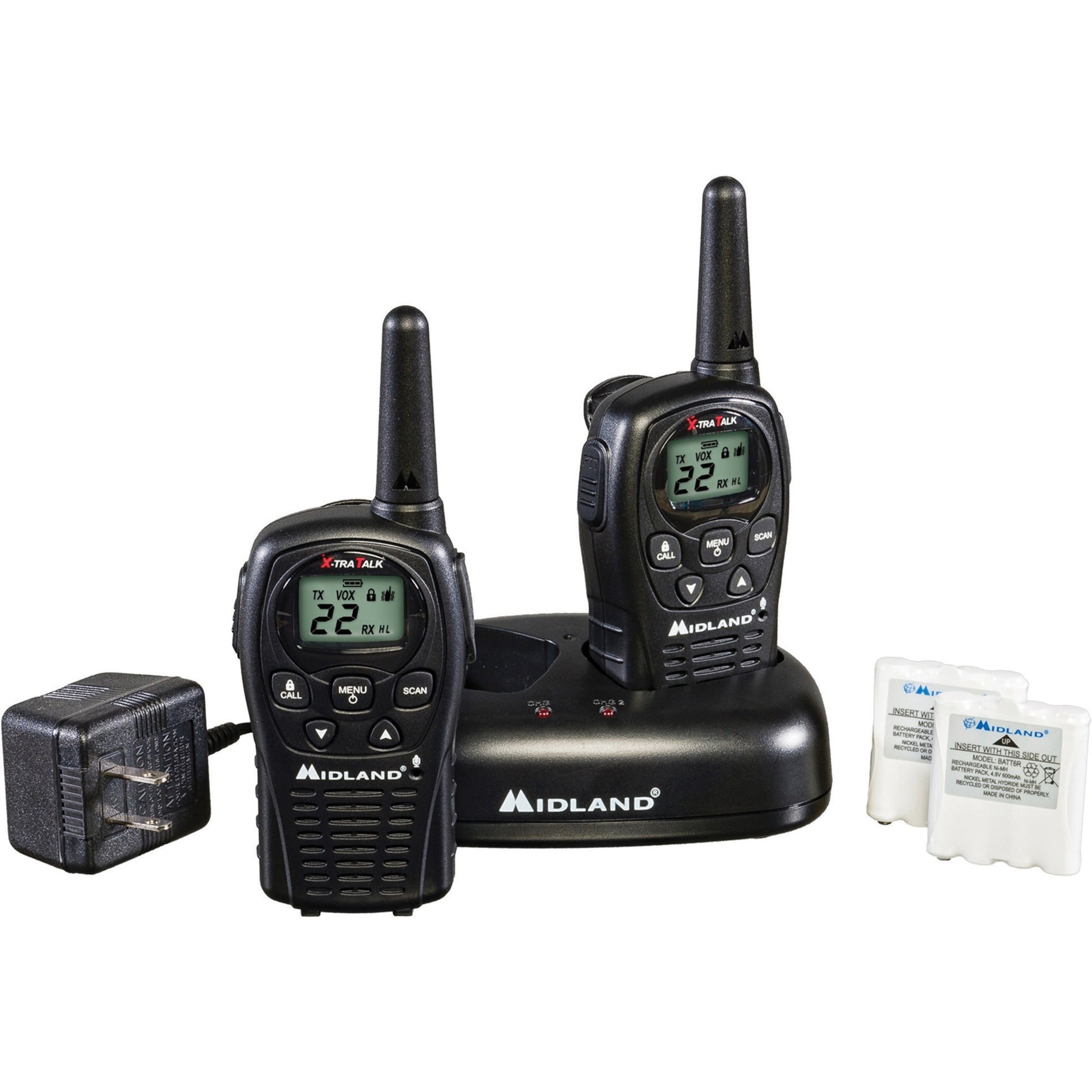 Midland LXT500VP3 two-way radio set with charging dock, AC adapter, and spare batteries-alternate-image1