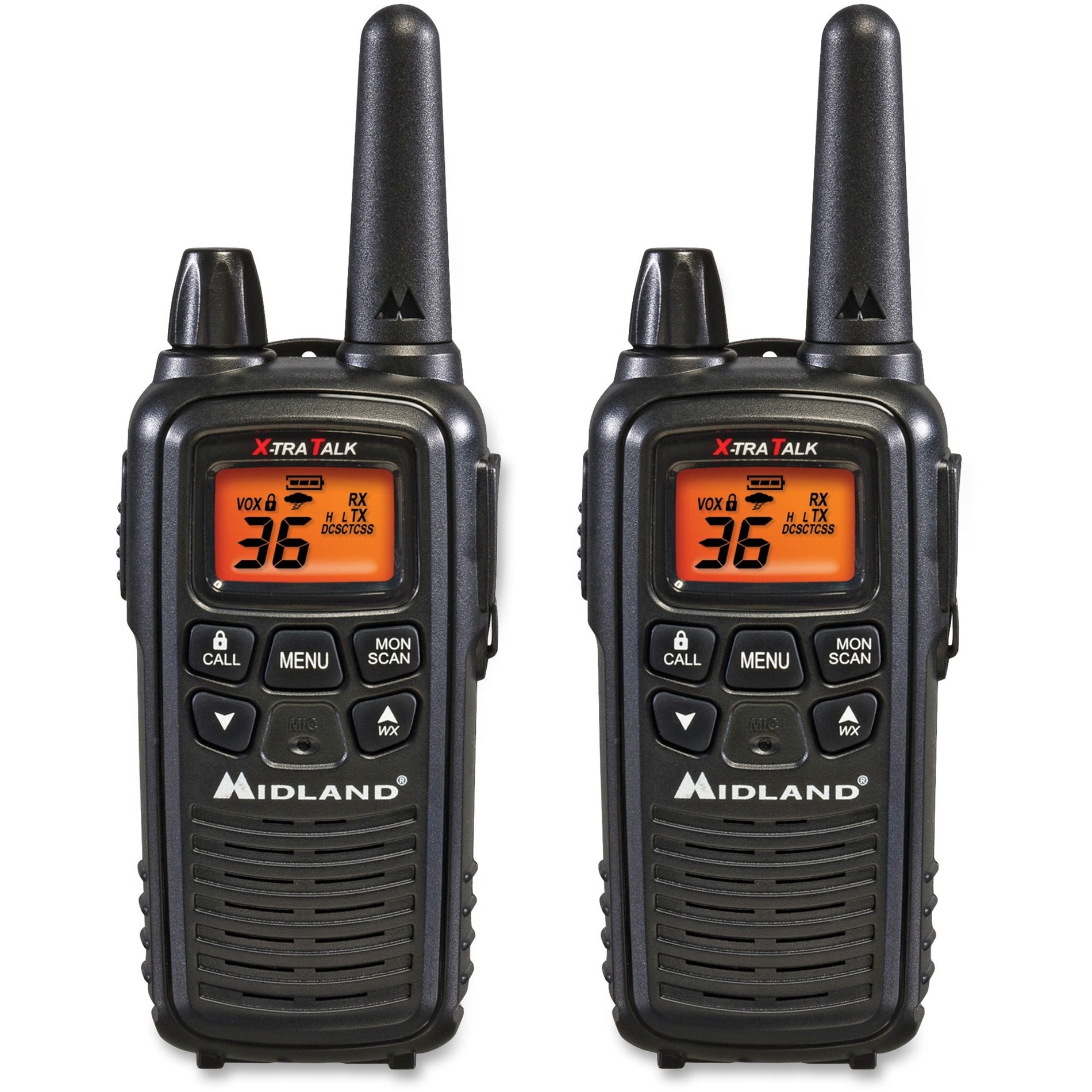 Front view of two black Midland LXT600VP3 two-way radios showing LCD screens and control buttons-alternate-image1