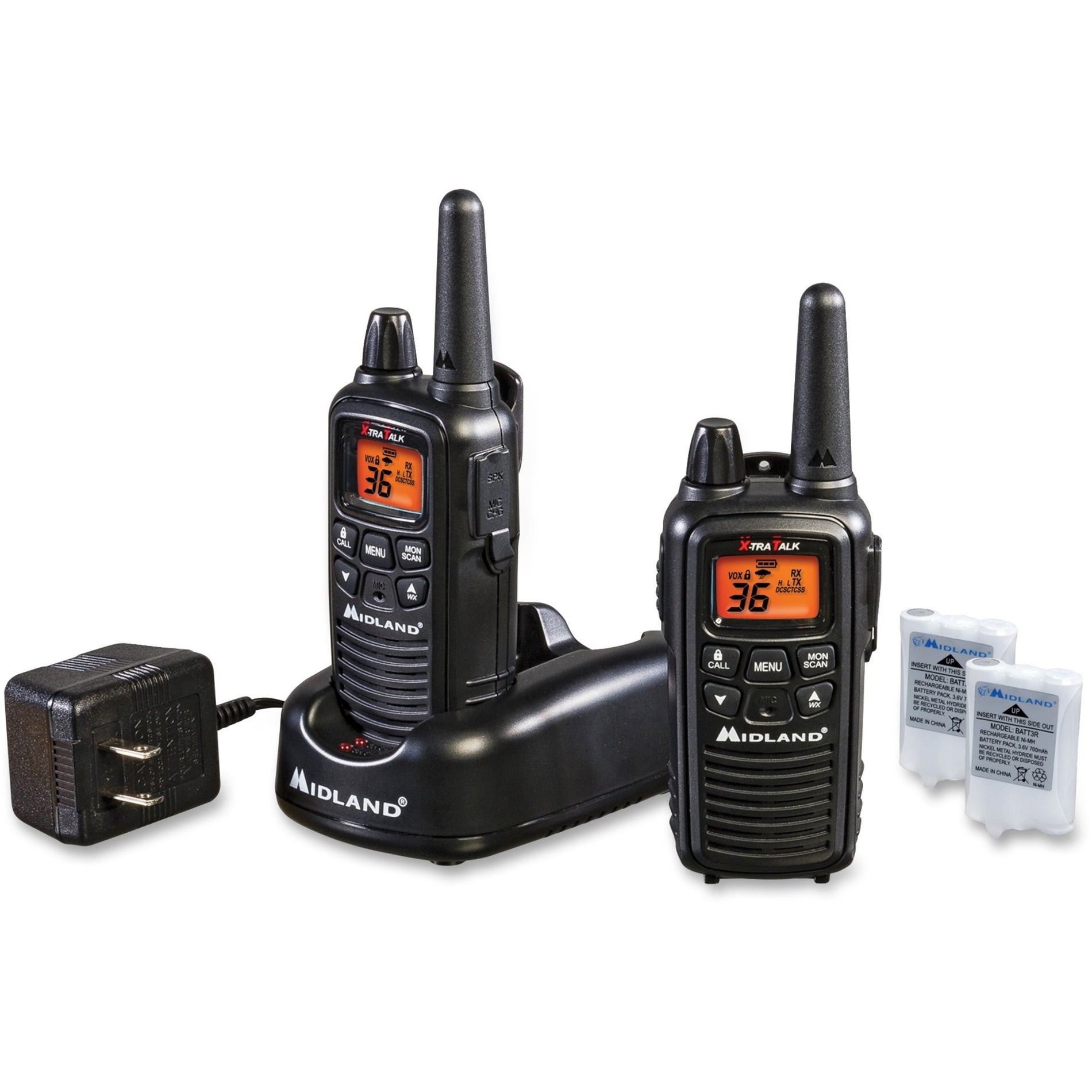 Full kit display of Midland two-way radios with charging dock, adapter, and batteries-alternate-image7