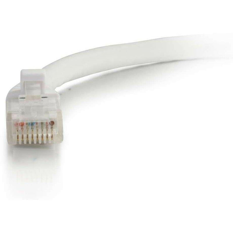 Close-up view of transparent RJ-45 connector showing internal pin configuration on white Cat5e ethernet cable