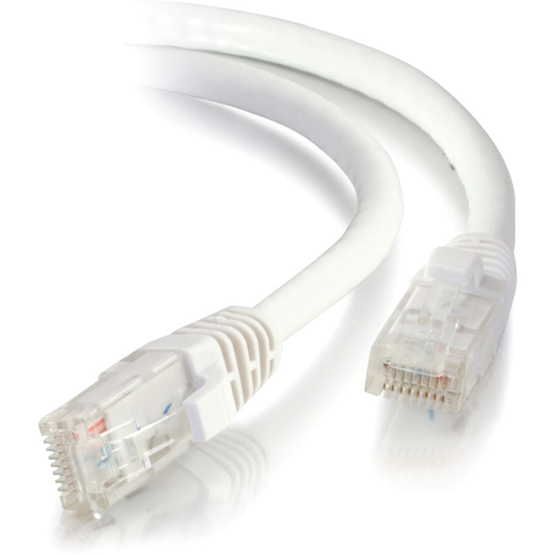 Full length view of white 50ft Cat5e ethernet cable with RJ-45 connectors on both ends