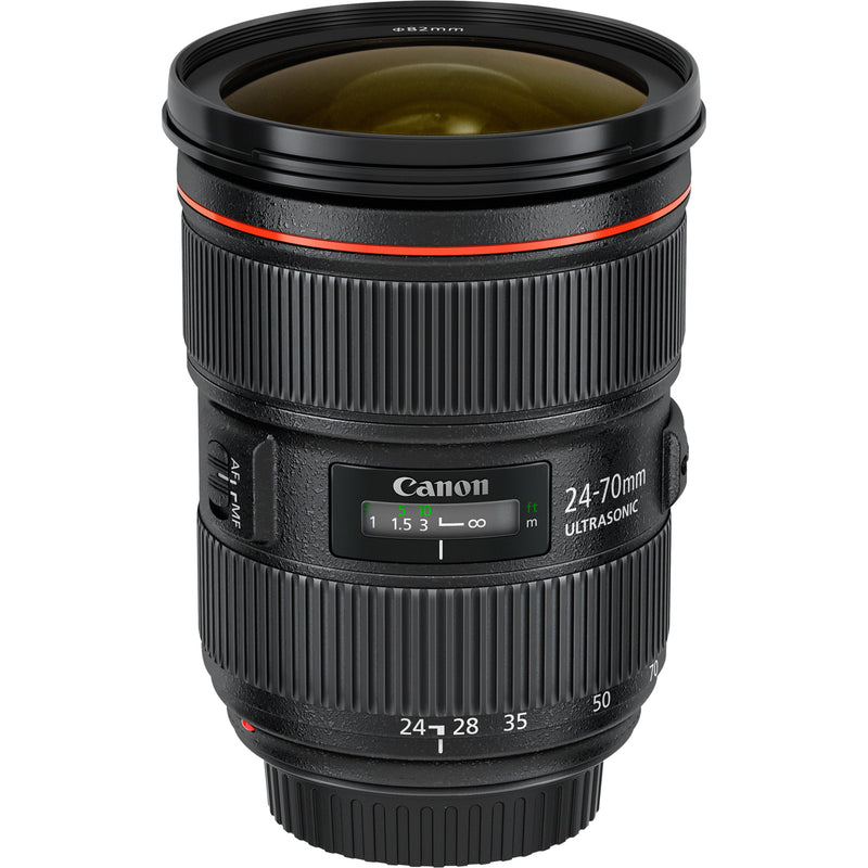 Side view of Canon EF 24-70mm f/2.8L II USM lens showing focal length scale, focus window, and signature red ring