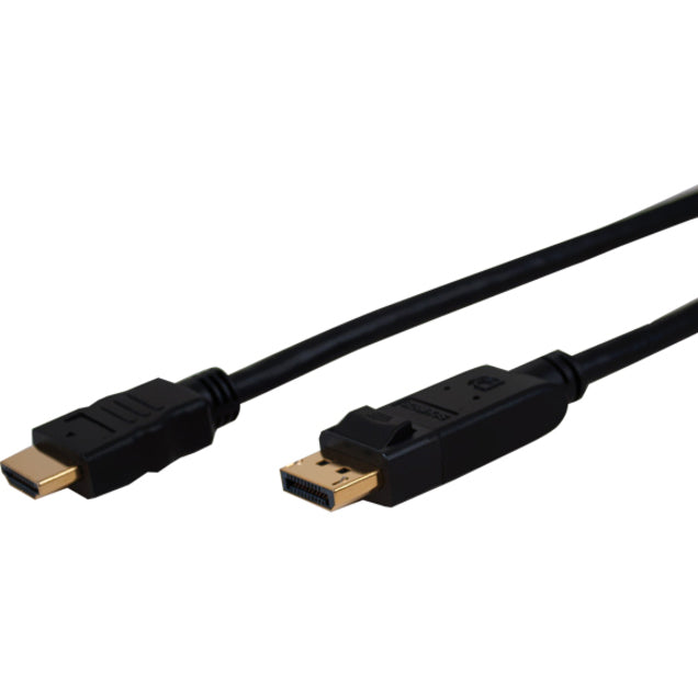 DisplayPort to HDMI cable featuring gold-plated connectors and black Xtraflex jacket, showcasing both connector ends