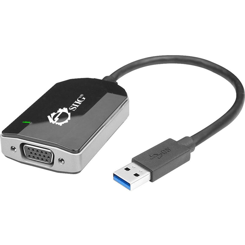 SIIG USB 3.0 to VGA adapter showing USB connector and VGA port with status LED