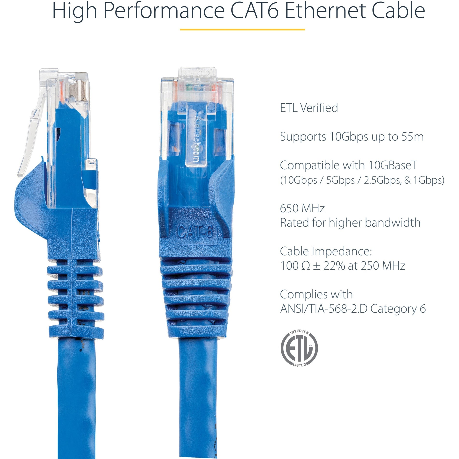 StarTech.com N6PATCH20BL Cat. 6 Network Cable, 20 ft, PoE, Stranded, Molded, Snagless, Gold Plated Connectors, Blue