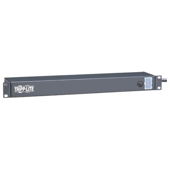 Side angle view of Tripp Lite RS-0615-R power strip highlighting mounting brackets and slim profile