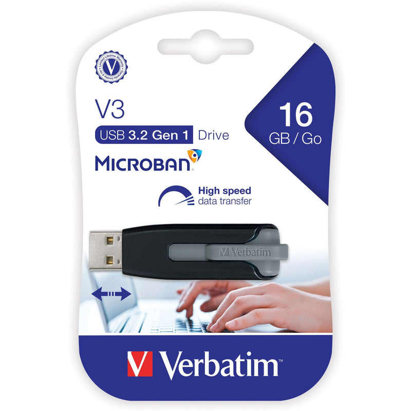 Retail packaging of Verbatim V3 USB drive showing features and specifications