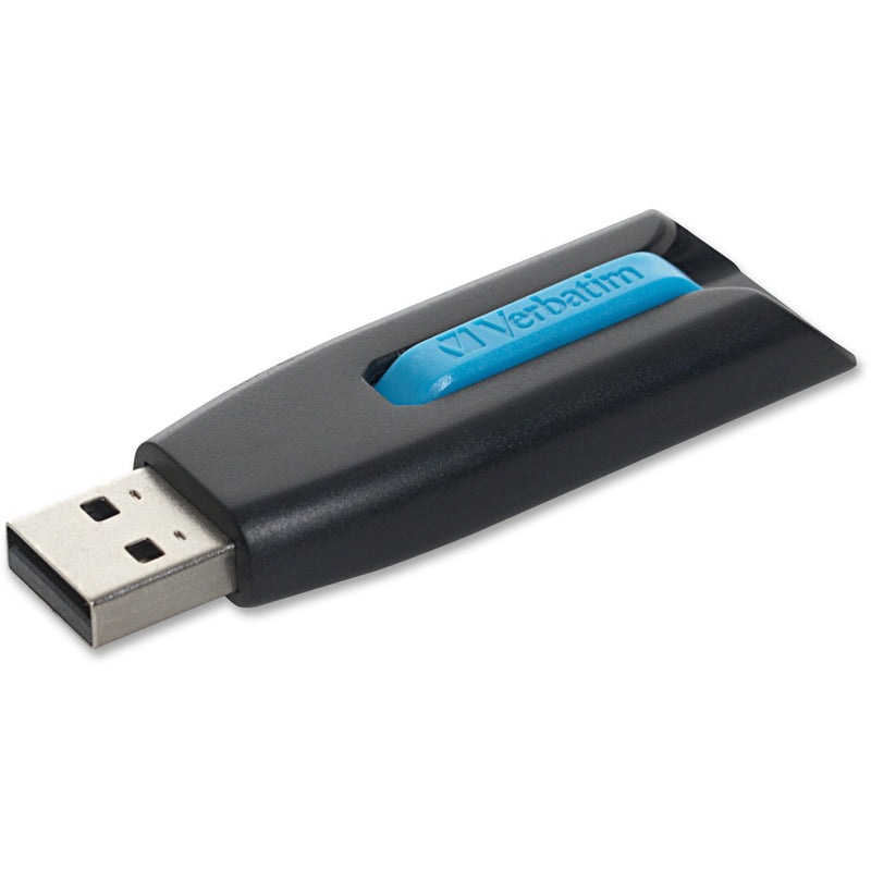 Verbatim Store 'n' Go V3 USB drive with black housing and blue slider shown from side angle