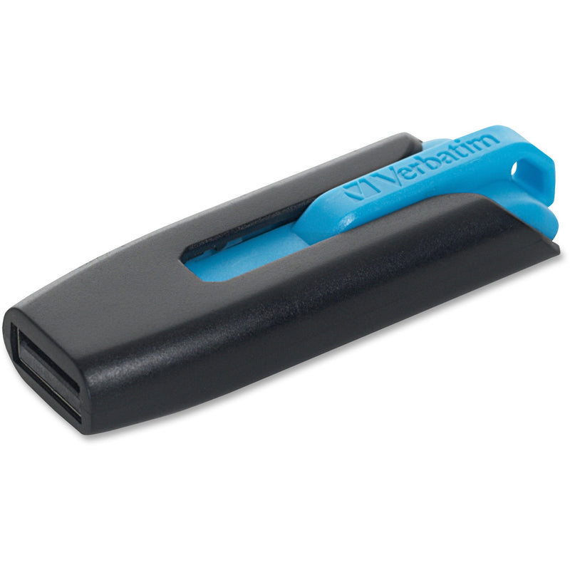 Close-up view of the Store 'n' Go V3 USB drive showing the retractable mechanism and blue slider