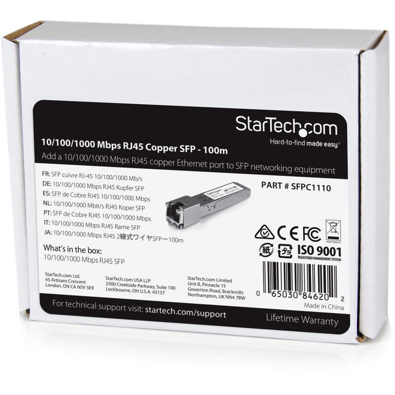 Product packaging for StarTech.com SFPC1110 SFP module showing specifications and warranty information