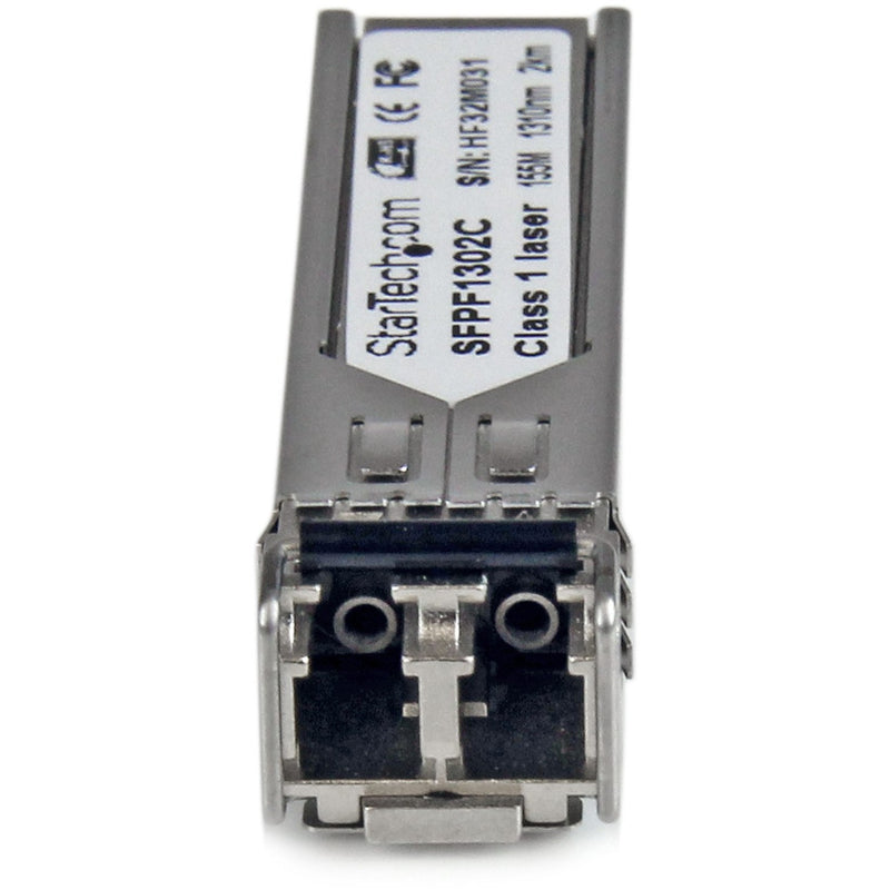 Close-up view of StarTech.com SFP module's LC duplex connector interface