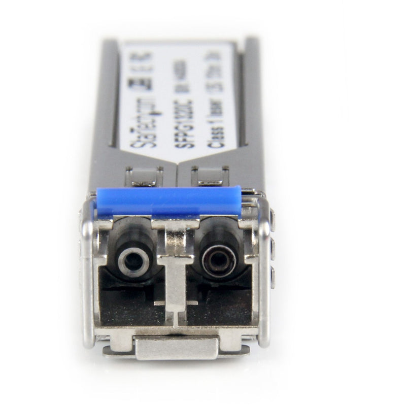 Close-up of dual LC connector interface on StarTech.com SFP transceiver