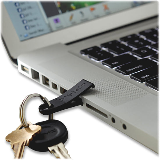 Verbatim USB drive attached to keyring shown connected to laptop USB port-alternate-image2