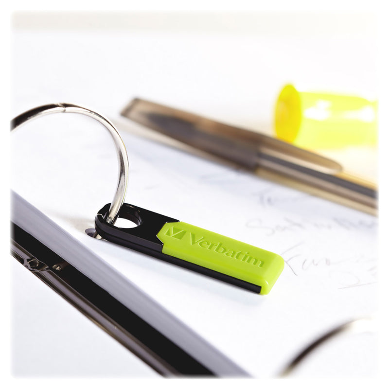 Green Verbatim USB drive shown in office setting with documents