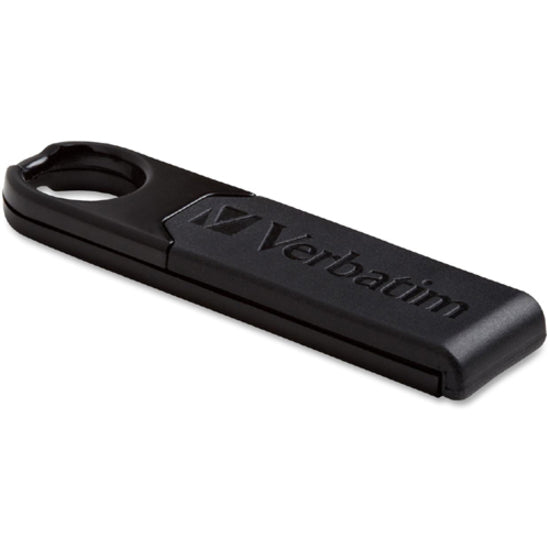 Side view of black Verbatim Micro Plus USB drive showing sleek design