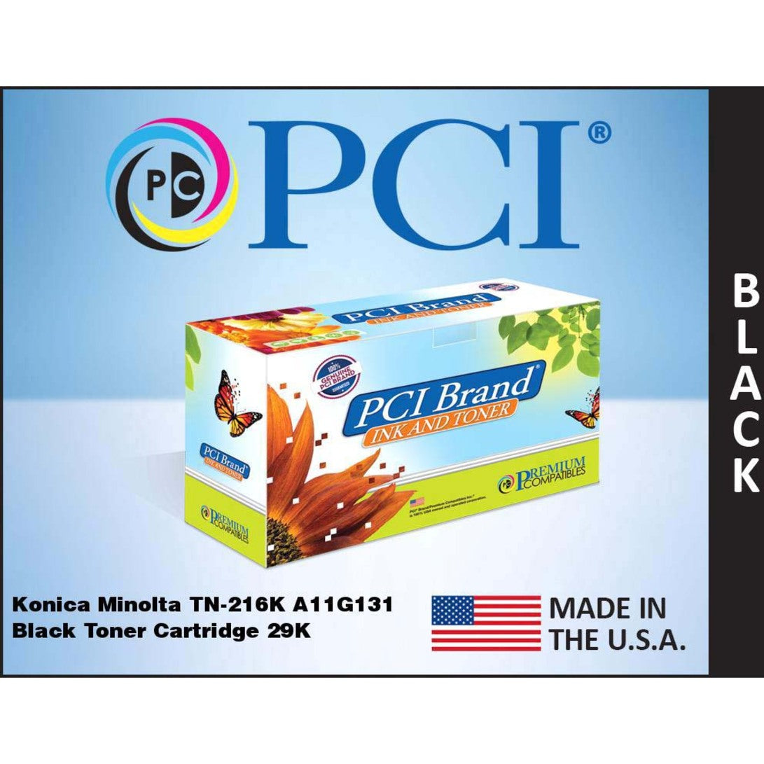 PCI Brand toner cartridge product display with USA flag and manufacturing details on blue background-alternate-image2