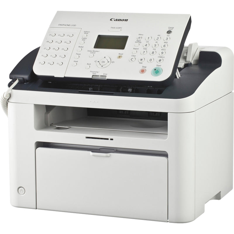 Canon FAXPHONE L100 multifunction laser fax machine in white with control panel, document feeder, and paper tray