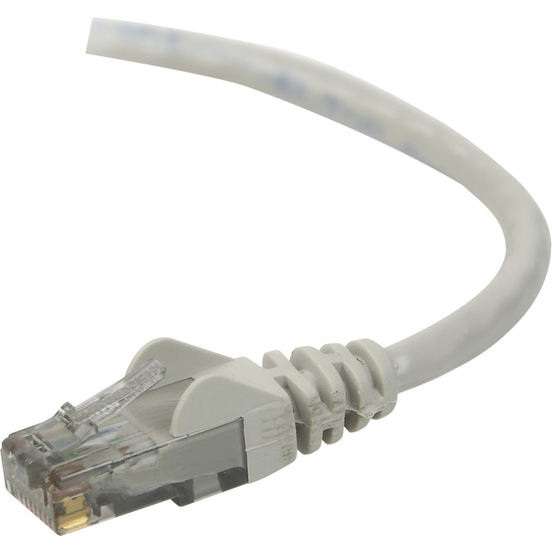 Close-up view of Belkin Cat6 network cable's RJ45 connector showing gold-plated contacts and strain relief