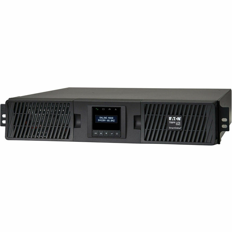 Angled perspective of Tripp Lite SU1000RTXLCD2U UPS emphasizing ventilation system and display screen