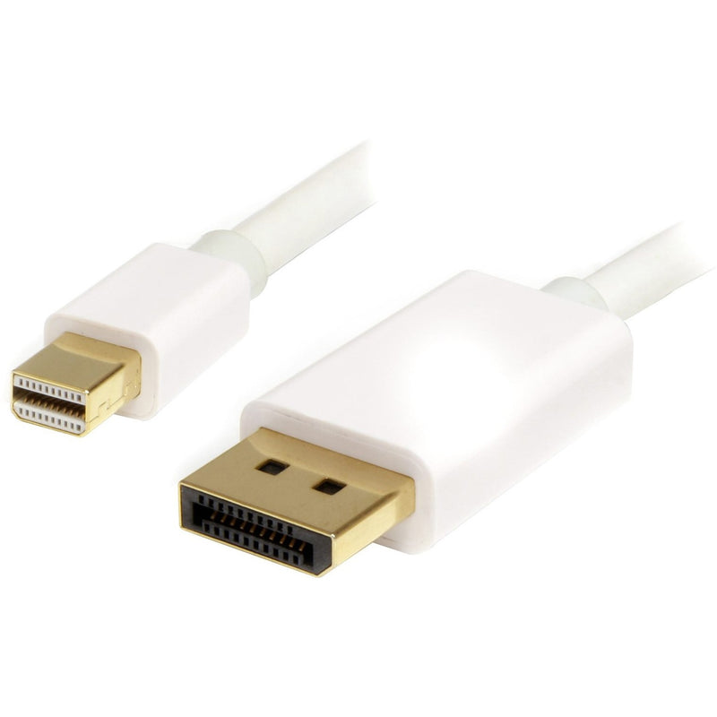 White Mini DisplayPort to DisplayPort cable showing gold-plated connectors and both cable ends