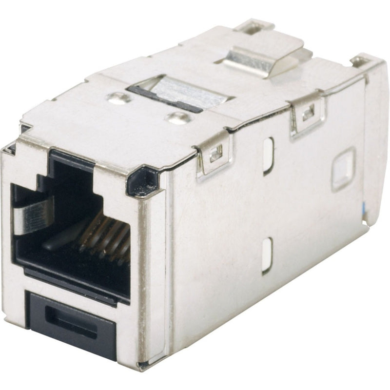 Panduit CJS6X88TGY Cat6A shielded RJ45 jack module with metallic housing and black port interface