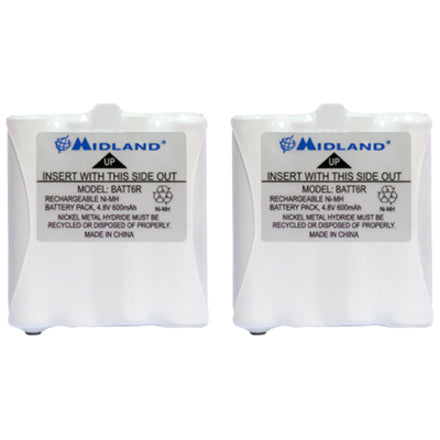 Two white Midland AVP8 NiMH rechargeable battery packs for two-way radios, displaying product information labels-alternate-image1