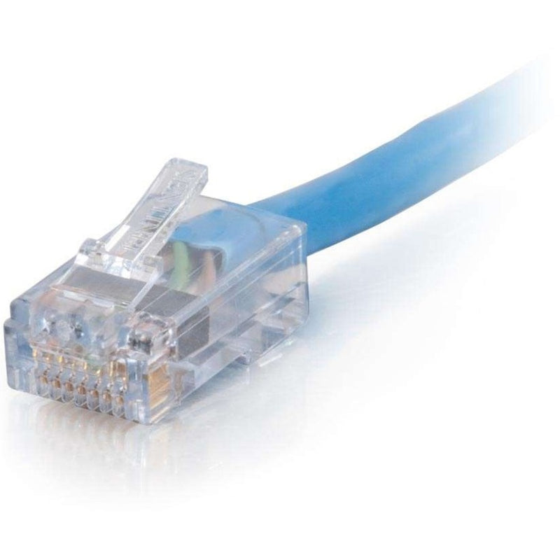 Close-up view of transparent RJ-45 connector with gold contacts attached to blue Cat6 plenum-rated cable