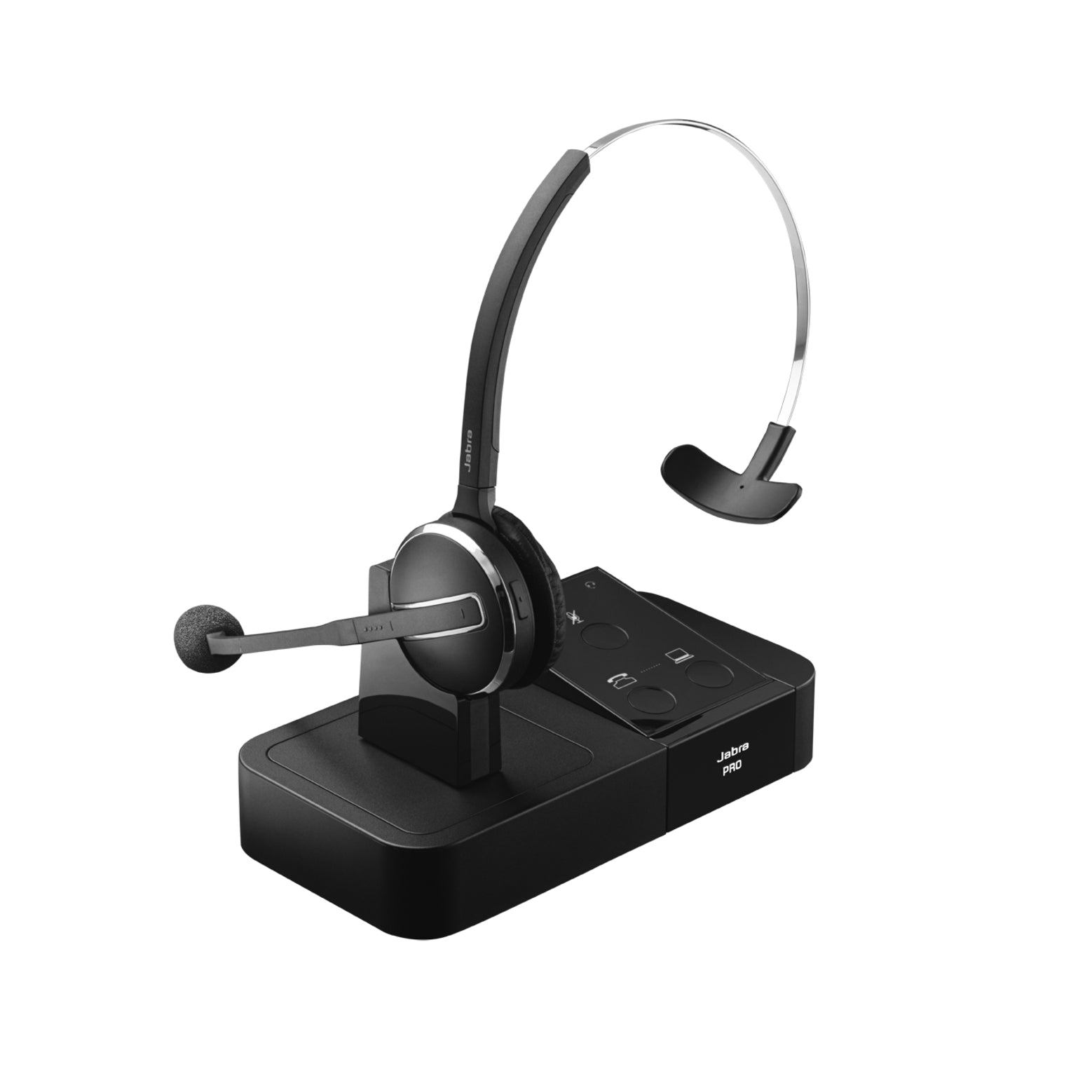 Jabra PRO 9450 Flex wireless headset with charging base station featuring mono earpiece design and noise-canceling boom microphone-alternate-image1