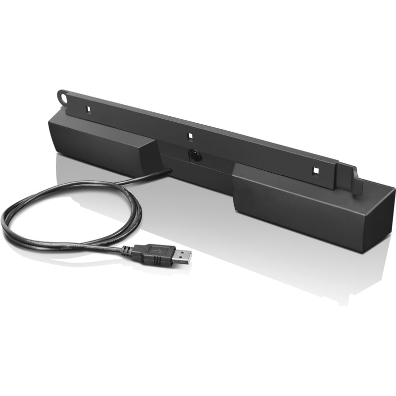 Rear view of Lenovo soundbar showing mounting brackets and USB connection