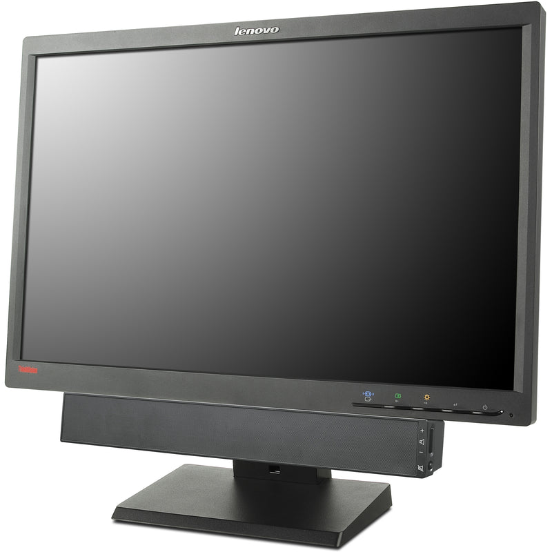 Angled view of Lenovo monitor with mounted soundbar showing complete integration