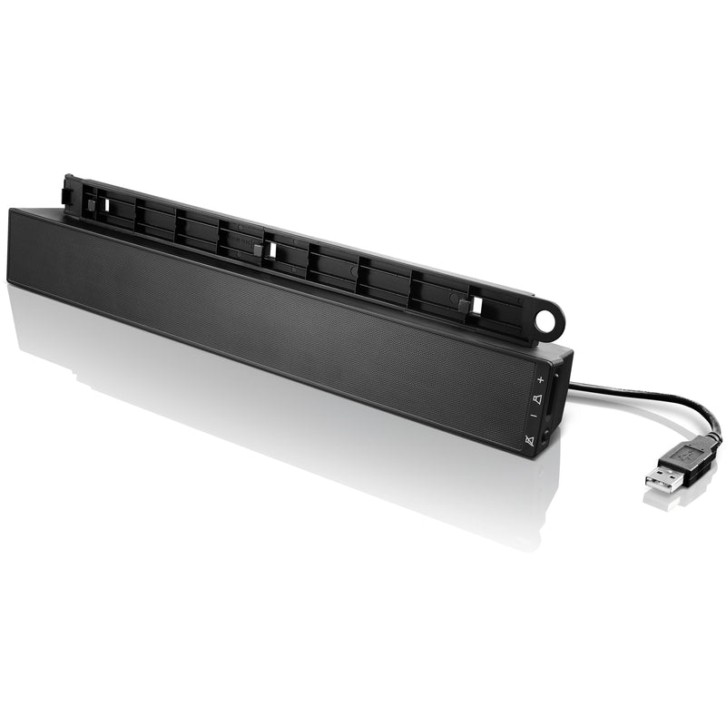 Angled view of Lenovo soundbar showing mounting system and USB connection