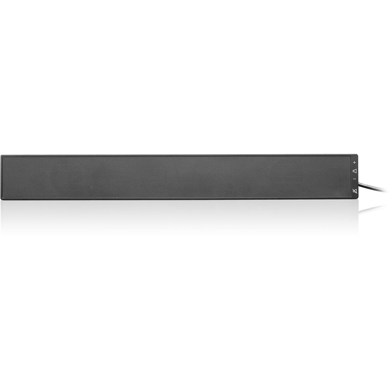 Front view of black Lenovo 0A36190 USB soundbar speaker with control buttons