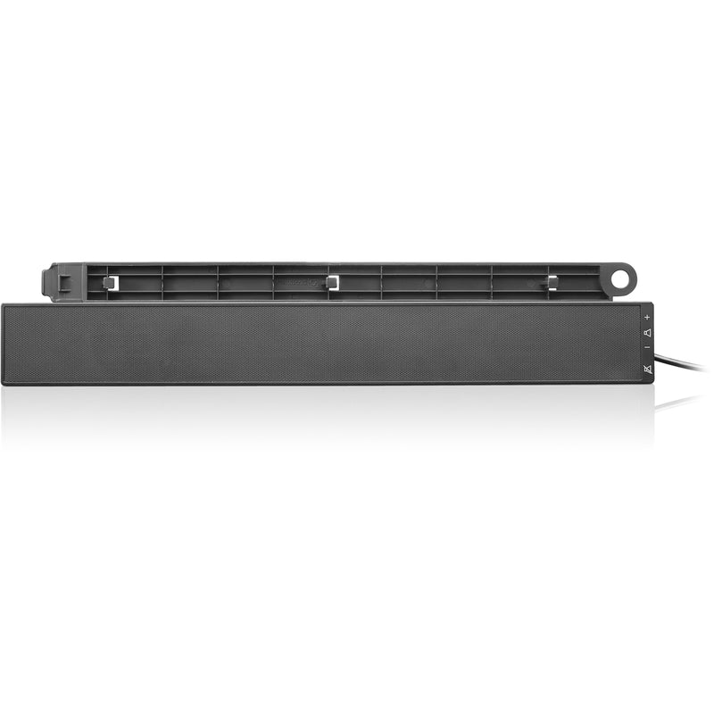 Side view of Lenovo soundbar showing slim profile and mounting system