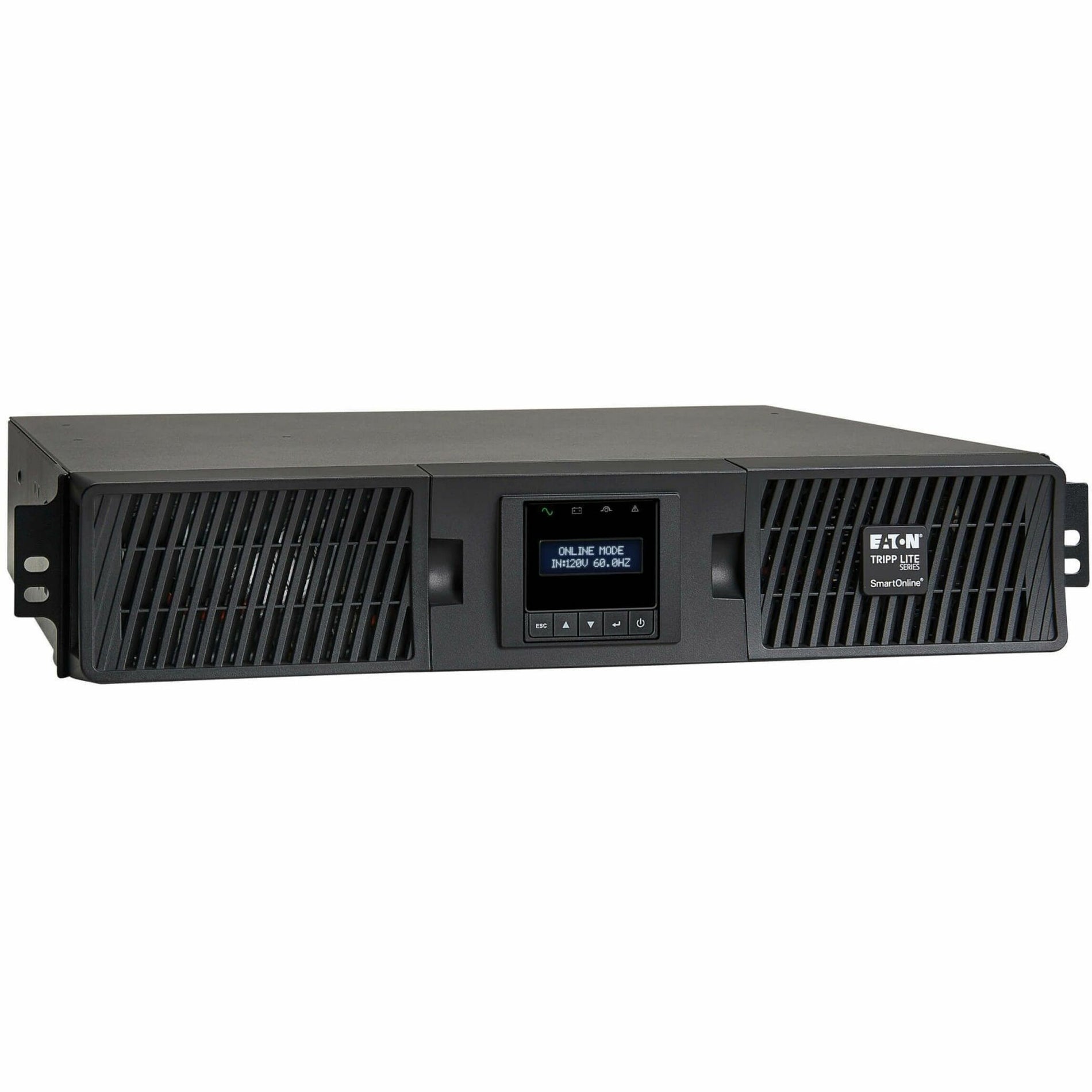 Front view of Tripp Lite SU1500RTXLCD2U UPS system showing LCD display and ventilation grilles in rack-mount configuration-alternate-image1