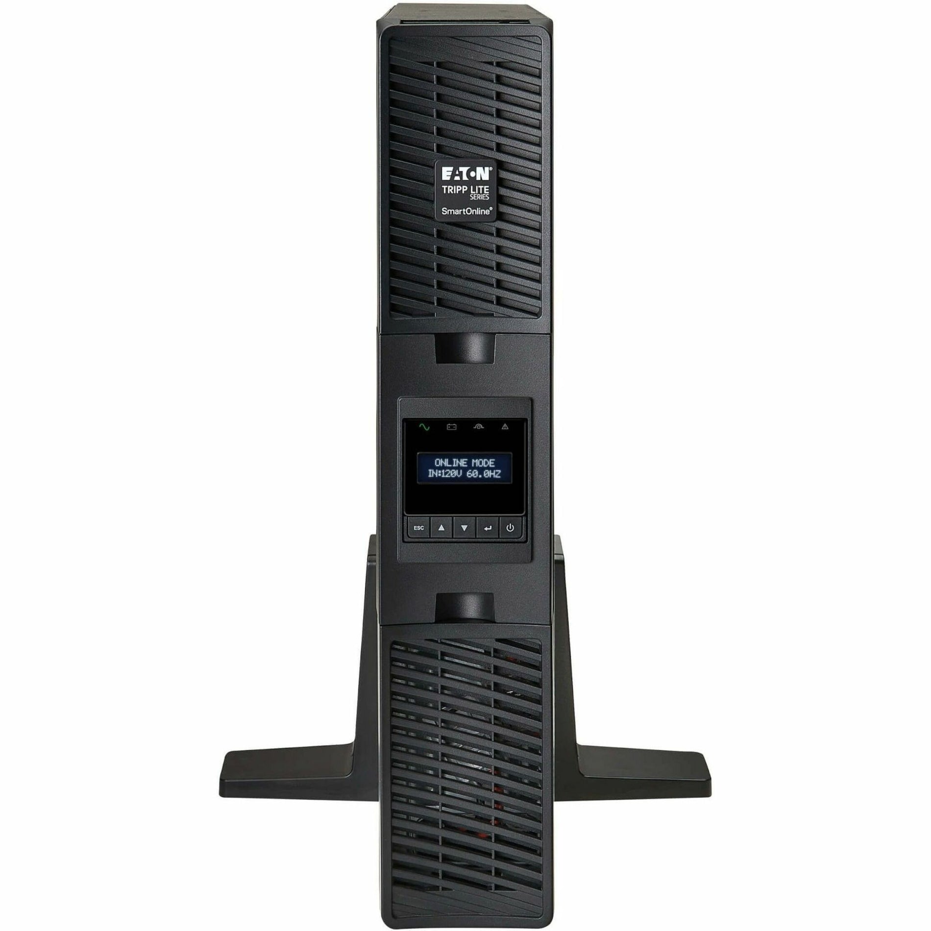 Tripp Lite SU1500RTXLCD2U UPS in tower orientation showing vertical mounting stands and ventilation system-alternate-image2