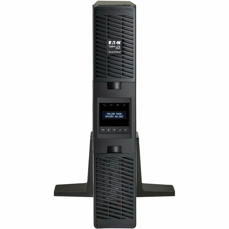 Tripp Lite SU1500RTXLCD2U UPS in tower orientation showing vertical mounting stands and ventilation system