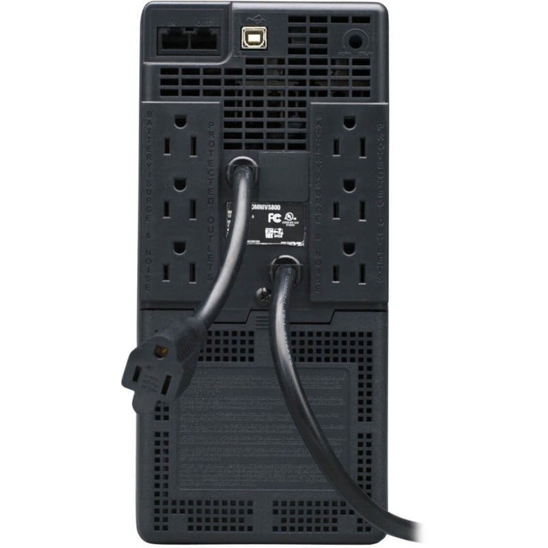 Rear view of OMNIVS800 UPS showing multiple outlets, USB port, and cooling vents