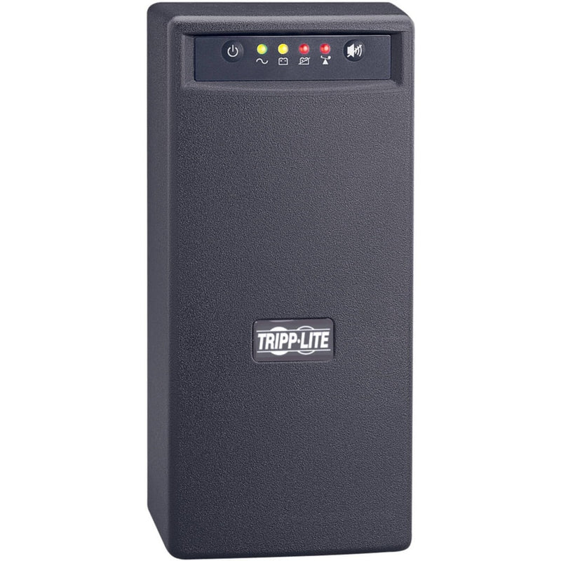 Front view of Tripp Lite OMNIVS800 UPS showing LED status panel and textured black casing