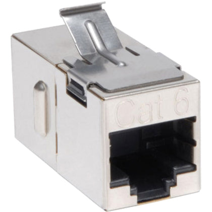 Side angle view of Cat6 coupler showing keystone mounting clip and RJ45 port