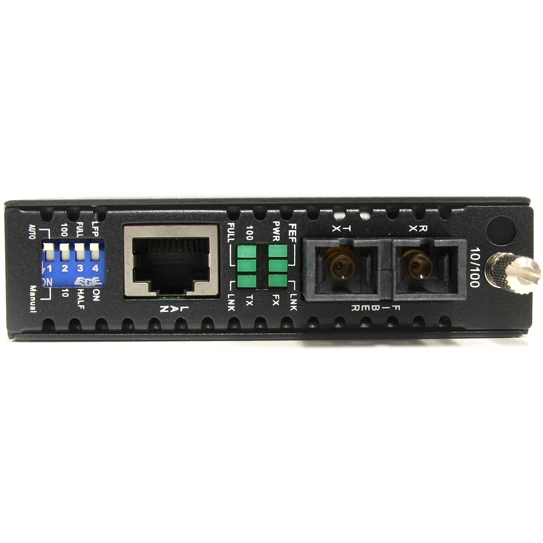 Front panel view of ET90110SC2 showing RJ-45 port, SC fiber connectors, and configuration switches-alternate-image2