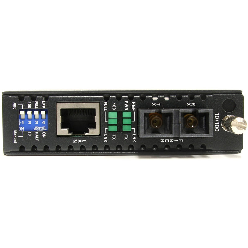 Front panel view of ET90110SC2 showing RJ-45 port, SC fiber connectors, and configuration switches