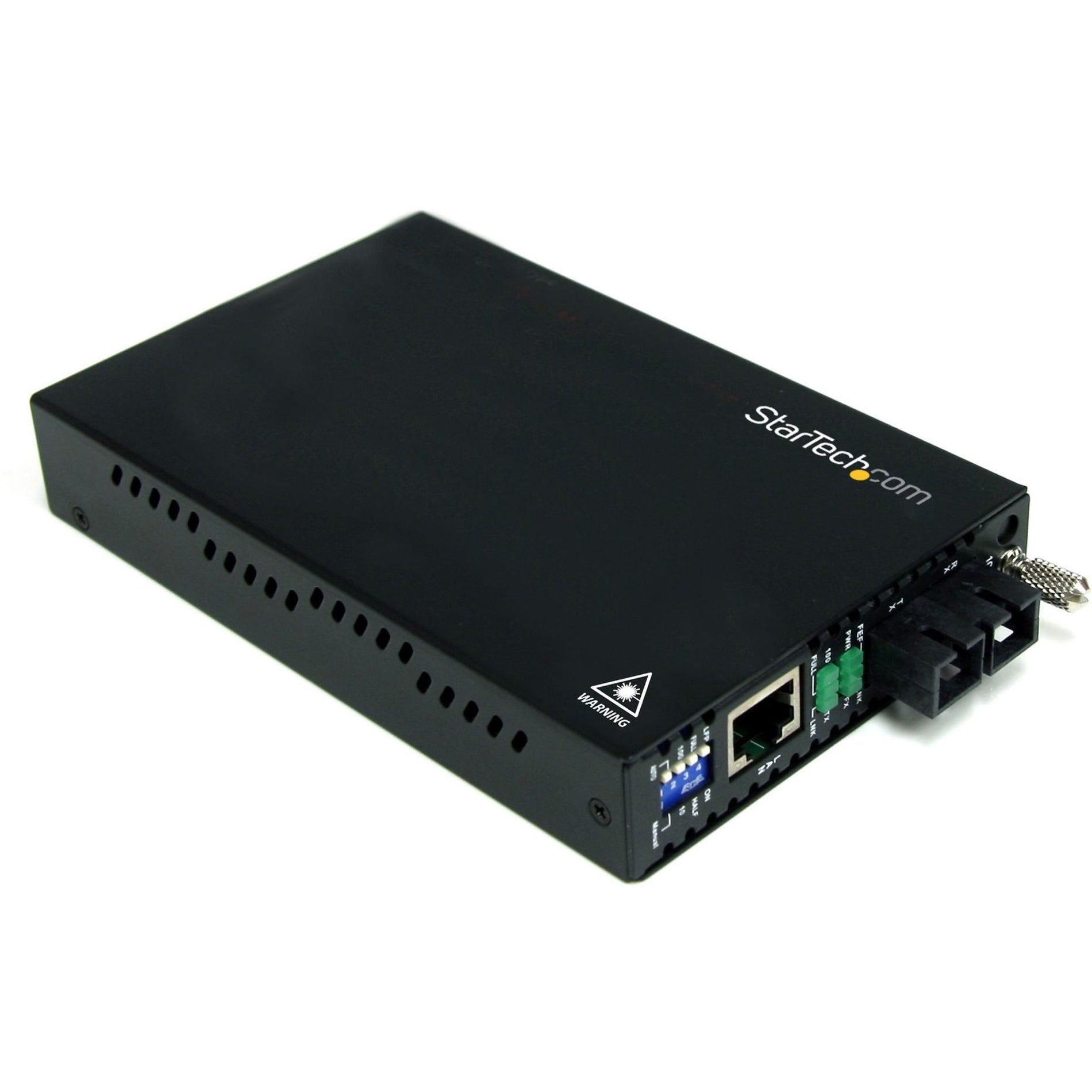 Top angled view of StarTech.com ET90110SC2 fiber media converter showing black metal housing and front ports-alternate-image1