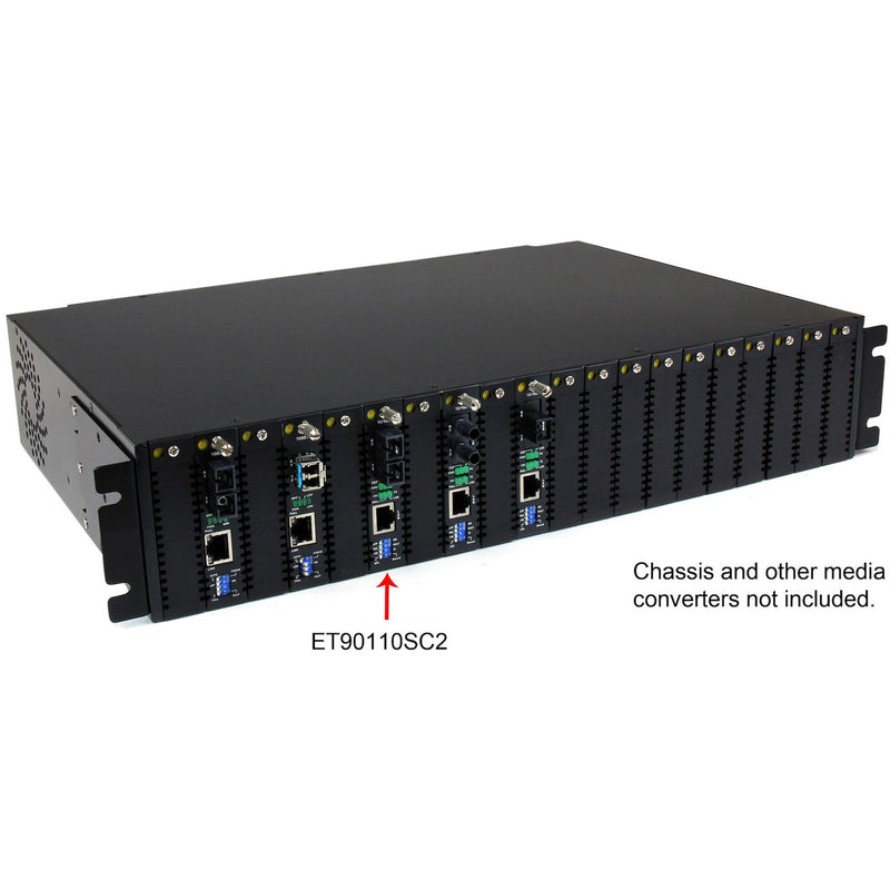 Rackmount chassis view showing multiple ET90110SC2 converters installed with clear labeling