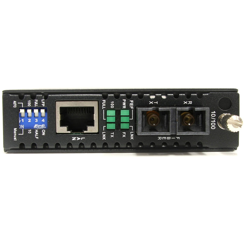 Front panel view of ET90110SM302 showing RJ-45 port, SC fiber ports, and configuration switches