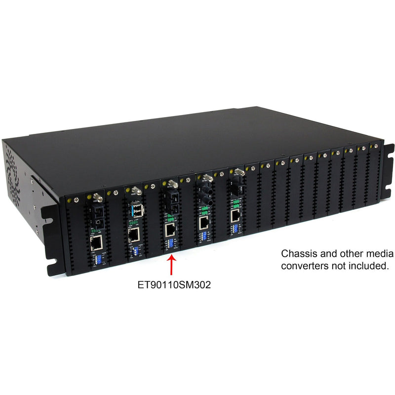 Rackmount chassis showing multiple ET90110SM302 converters installed, with arrow indicating specific model