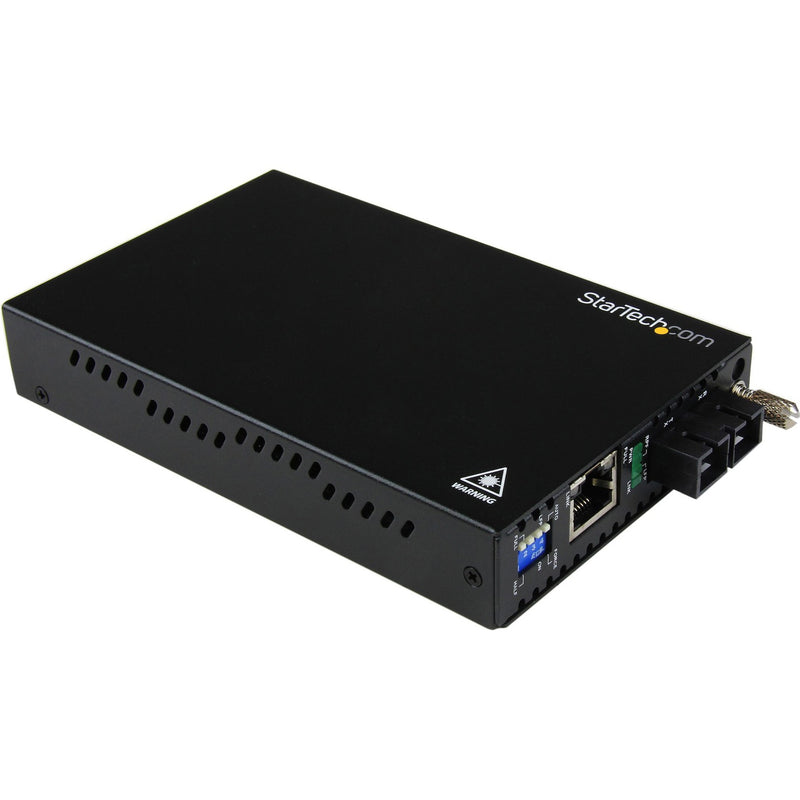 StarTech.com ET91000SC2 Gigabit Ethernet fiber media converter front angled view showing black metal housing