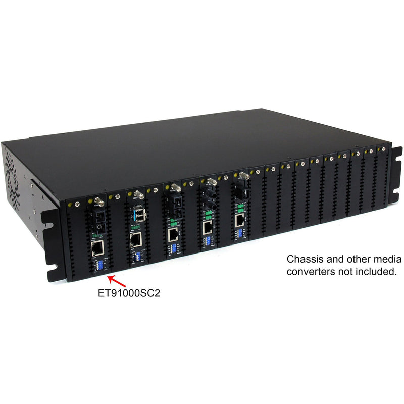 Rackmount chassis showing multiple ET91000SC2 converters installed with clear labeling