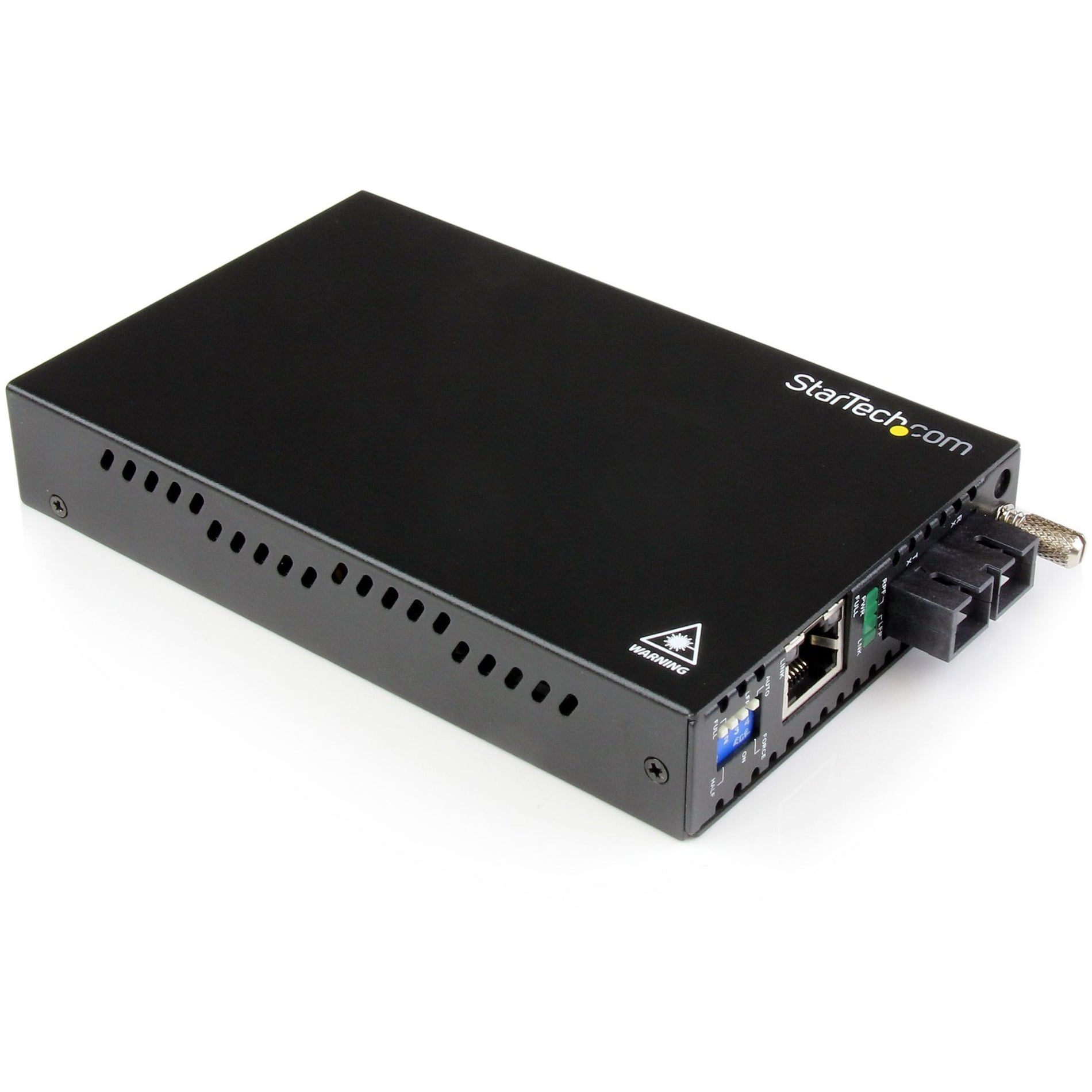 Top angled view of StarTech.com ET91000SM402 Gigabit fiber media converter showing black metal chassis and StarTech.com branding-alternate-image1