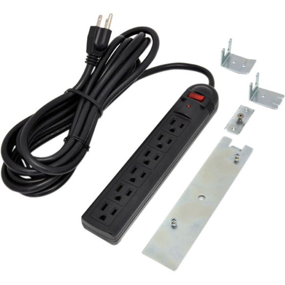 Ergotron 6-outlet power strip with long black power cord and metal mounting brackets