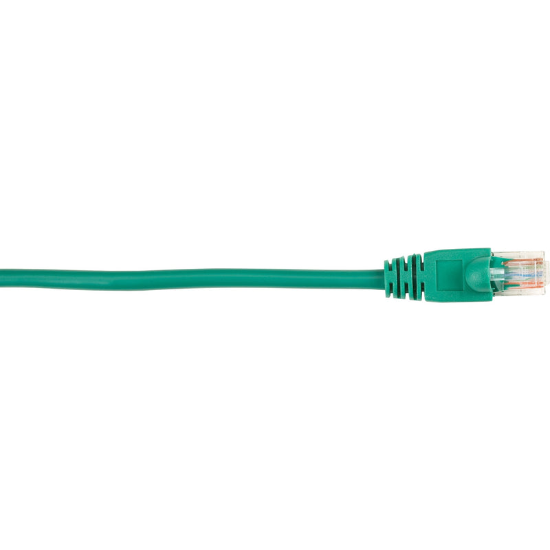 Green Cat5e ethernet patch cable with snagless boot connector detail showing RJ-45 termination